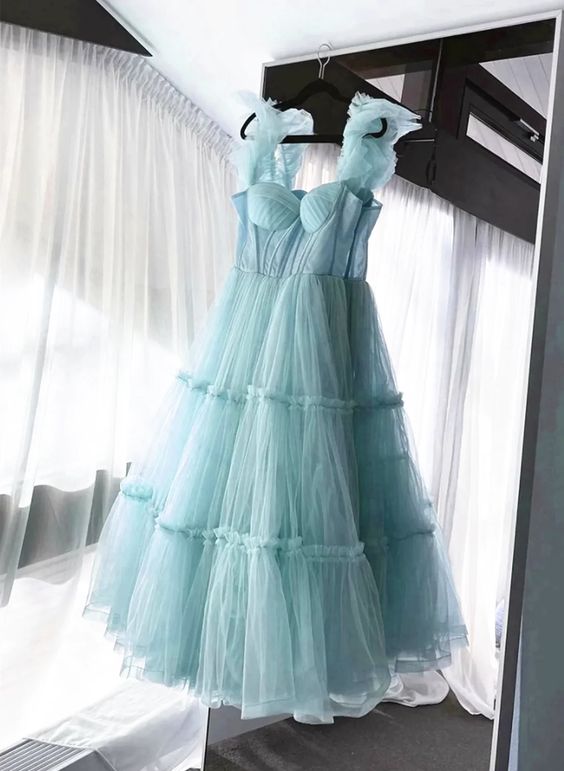 Light Blue Tulle Straps Long Party Dress Prom Dress Birthday Outfits