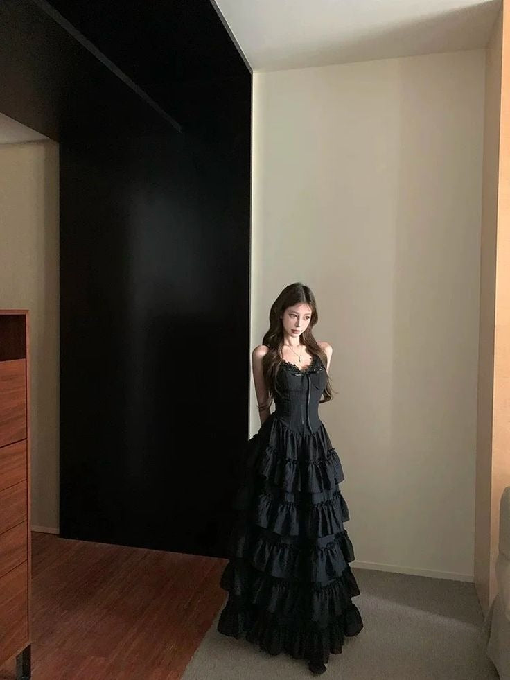 Pretty A Line Spaghetti Straps Black Multi-Layer Satin Long Prom Dress,Formal Dress