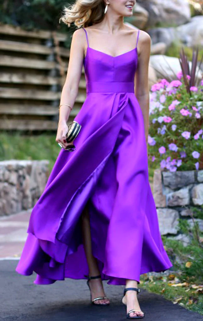 Spaghetti Straps Purple Satin Prom Dress Tea Length Wedding Party Formal Gown