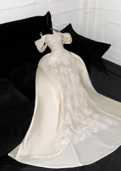 Chic Mermaid Off The Shoulder Satin Lace Long Prom Dress,Formal Evening Dress