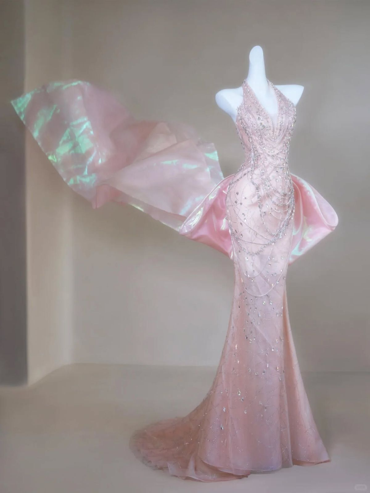 Gorgeous Mermaid Halter Light Pink Satin Beaded Long Prom Dress,Formal Evening Dress