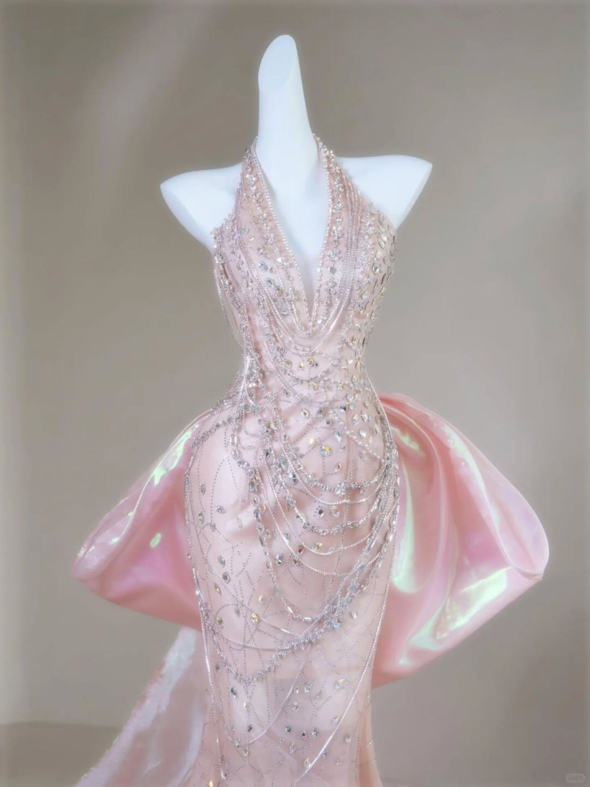 Gorgeous Mermaid Halter Light Pink Satin Beaded Long Prom Dress,Formal Evening Dress