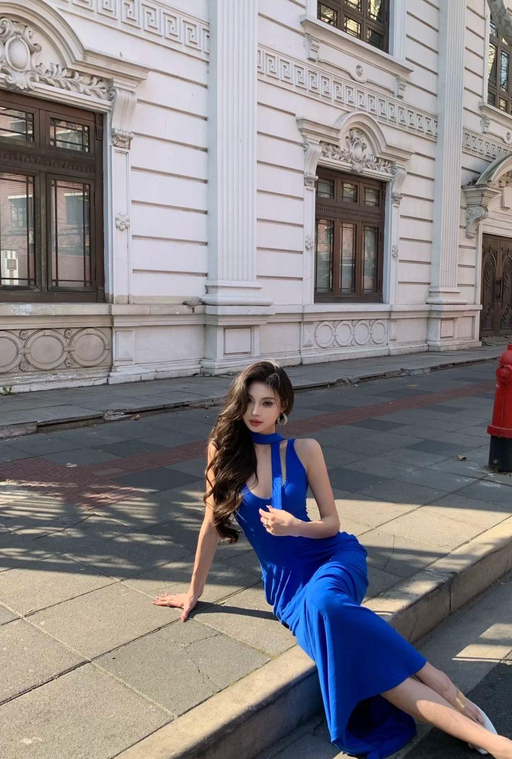Unique Royal Blue Mermaid V Neck Satin Long Prom Dress,Formal Evening Dress