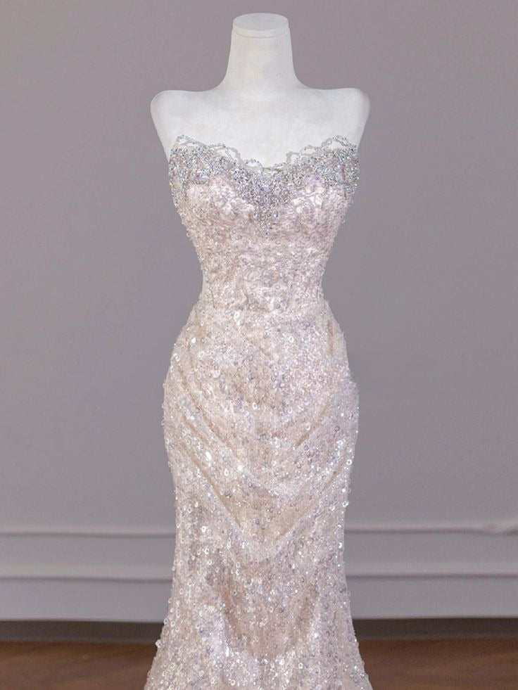 Shiny Mermaid Strapless Tulle Sequin Long Prom Dress,Formal Evening Dress