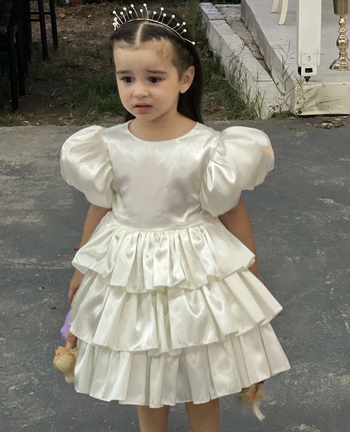 Pretty A Line Tiered Satin With Short Bubble Sleeves Flower Girl Dress