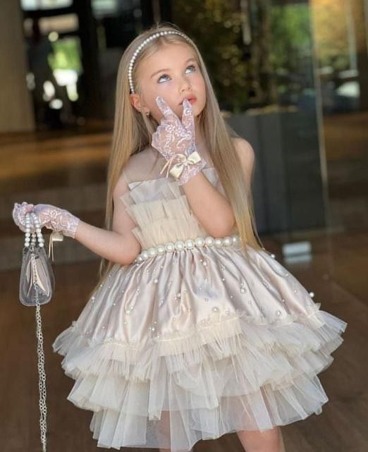 Princess Ball Gown Satin Tulle Beaded With Gloves Flower Girl Dress