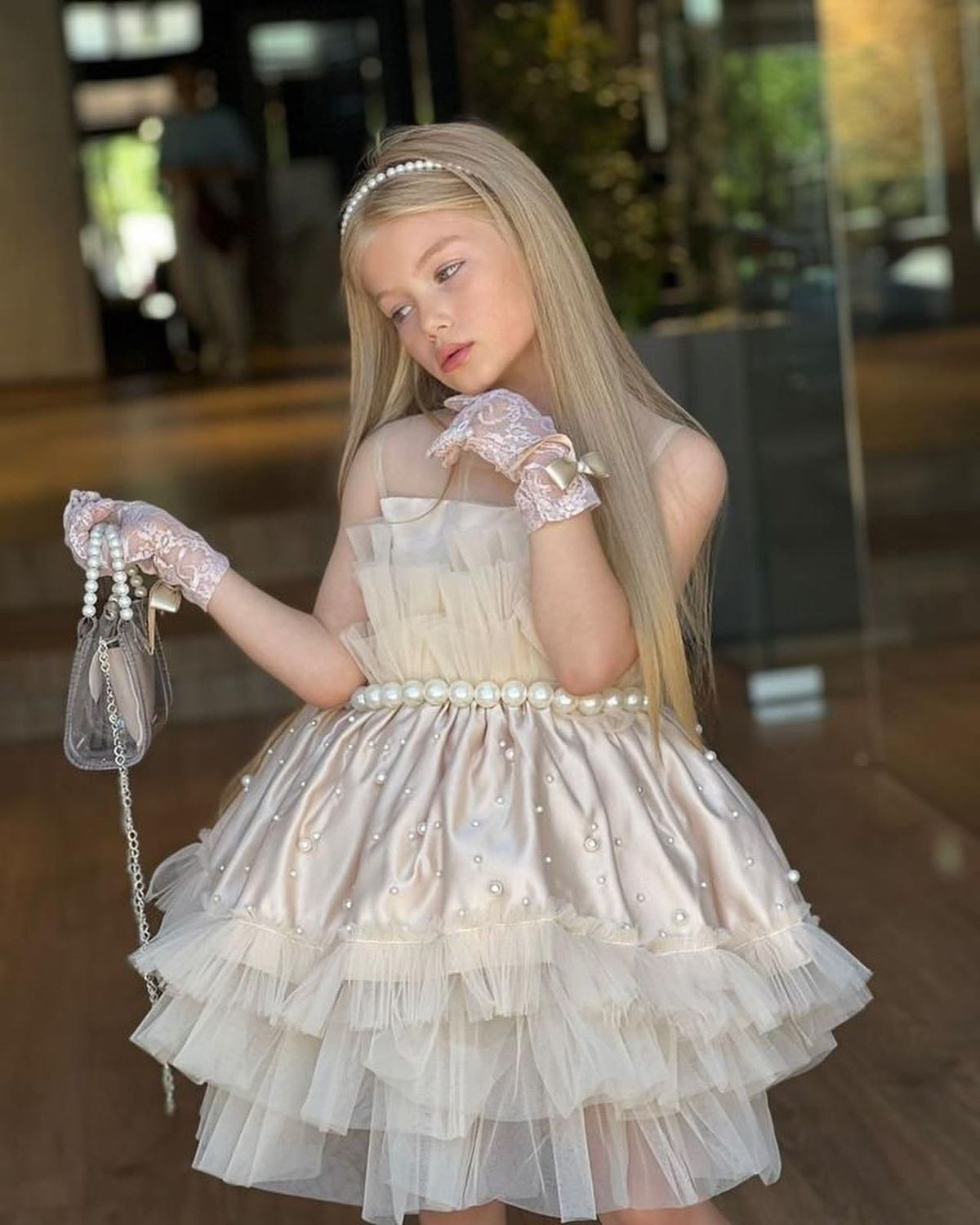 Princess Ball Gown Satin Tulle Beaded With Gloves Flower Girl Dress