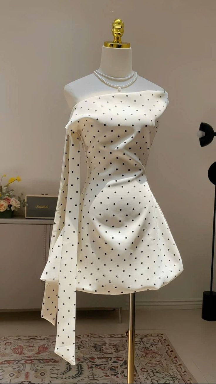 Chic A Line Off The Shoulder Polka Dots Satin Short Homecoming Dress 19th Birthday Outfits