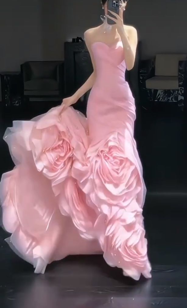 Unique Mermaid Pink Strapless Satin Tulle Long Prom Dress, Evening Dress