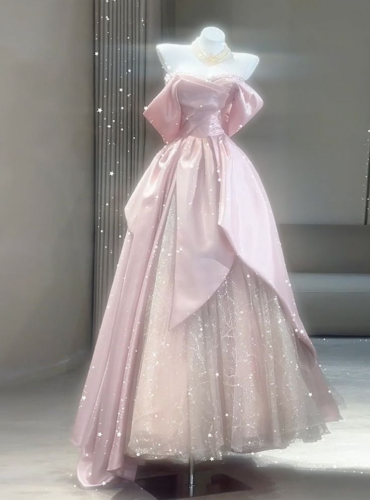 Beautiful A Line Off The Shoulder Pink Satin Tulle Sequin Long Prom Dress, Evening Dress