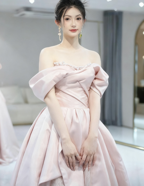 Beautiful A Line Off The Shoulder Pink Satin Tulle Sequin Long Prom Dress, Evening Dress