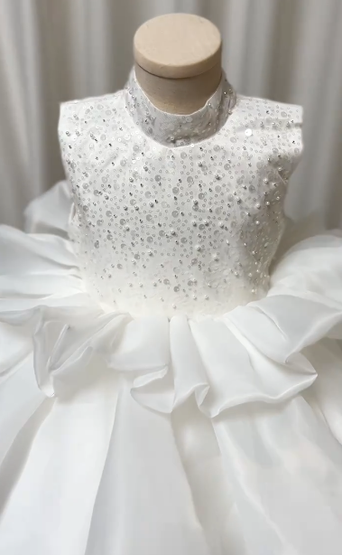 Pretty Ball Gown High Neck Satin Sequin Flower Girl Dress