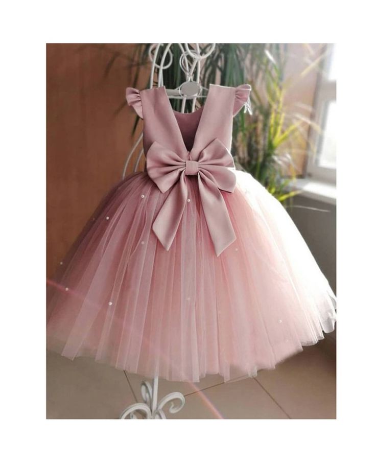 Pink Ball Gown Satin Tulle Ruffle Sleeves Back With Bow Knot Flower Girl Dress