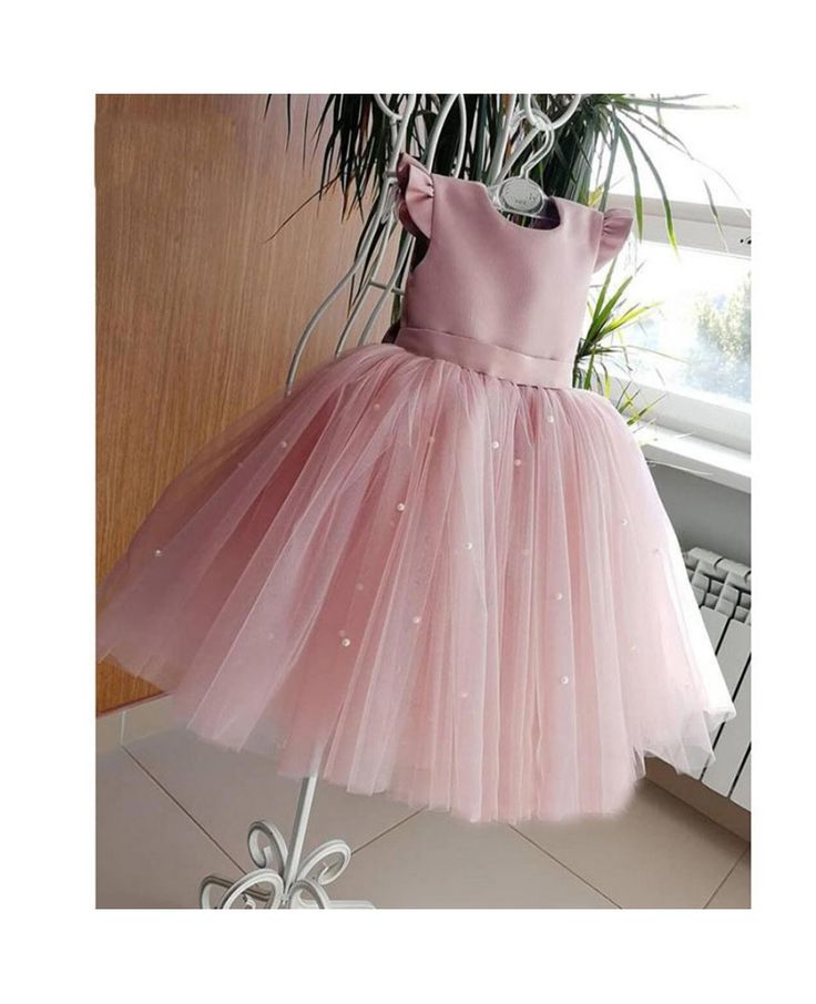 Pink Ball Gown Satin Tulle Ruffle Sleeves Back With Bow Knot Flower Girl Dress