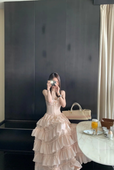 Sweet A Line Spaghetti Straps Satin Tiered Chiffon Long Prom Dress, Evening Dress