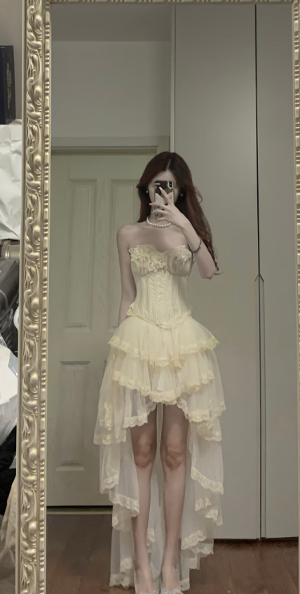 Princess A Line Strapless Tulle Lace High-Low Prom Dress, Evening Dress