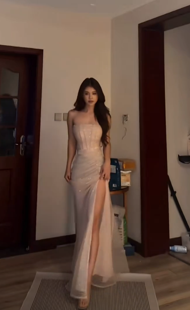 Shiny Mermaid Strapless Tulle Sequin Slit Long Prom Dress, Evening Dress