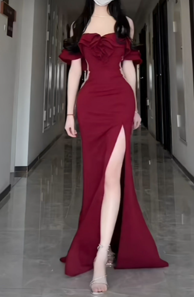 Formal Mermaid Off The Shoulder Burgundy Satin Slit Long Prom Dress, Evening Dress