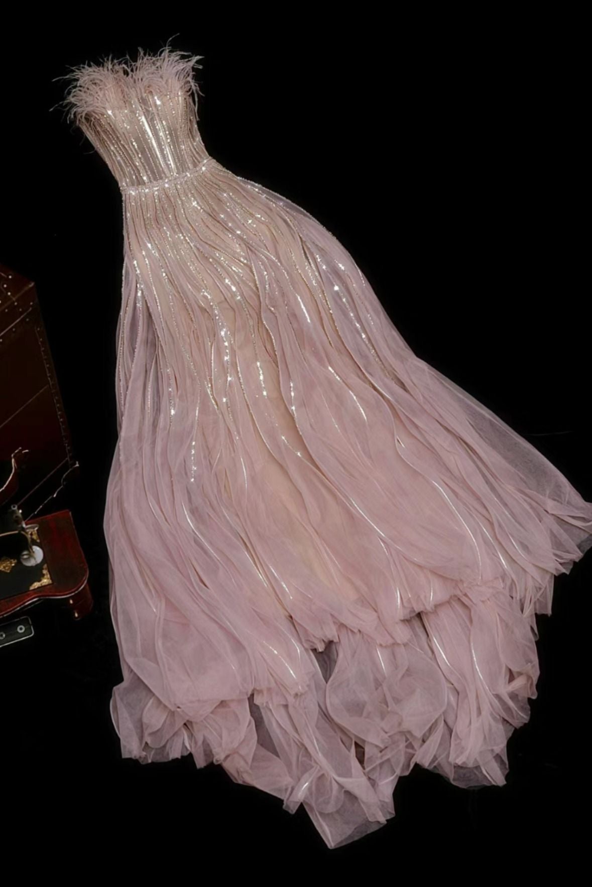 Sweet Sparkly A Line Strapless Tulle Sequin Long Prom Dress, Evening Dress