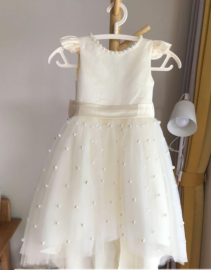 Sweet A Line Satin Tulle Pearl Bead Back With Bow Knot Flower Girl Dress
