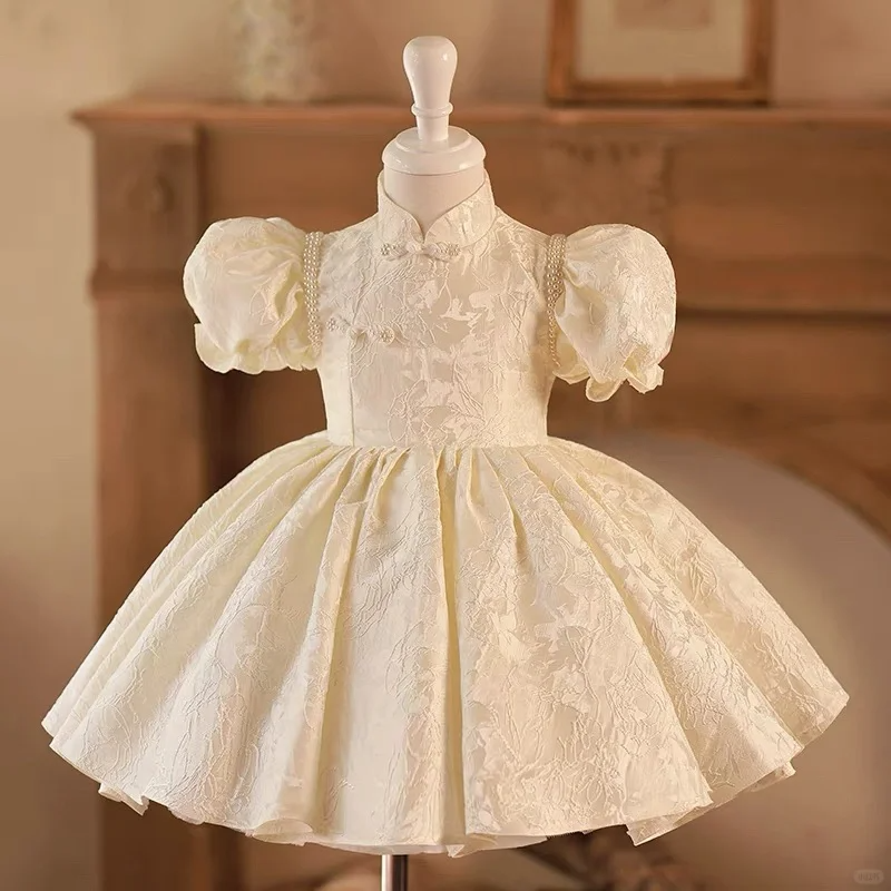 Pretty Ball Gown High Neck Satin With Short Bubble Sleeves Flower Girl Dress
