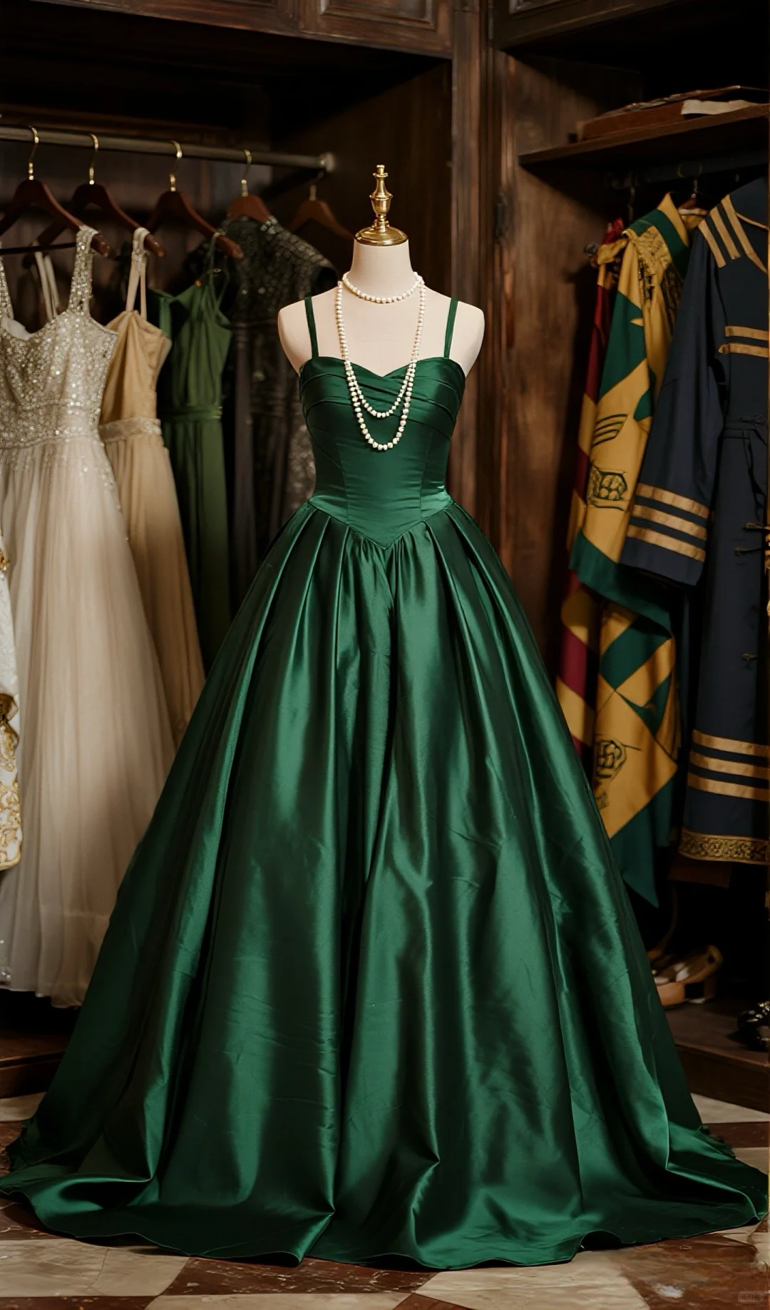 Elegant Ball Gown Dark Green Spaghetti Straps Satin Long Prom Dress, Evening Dress