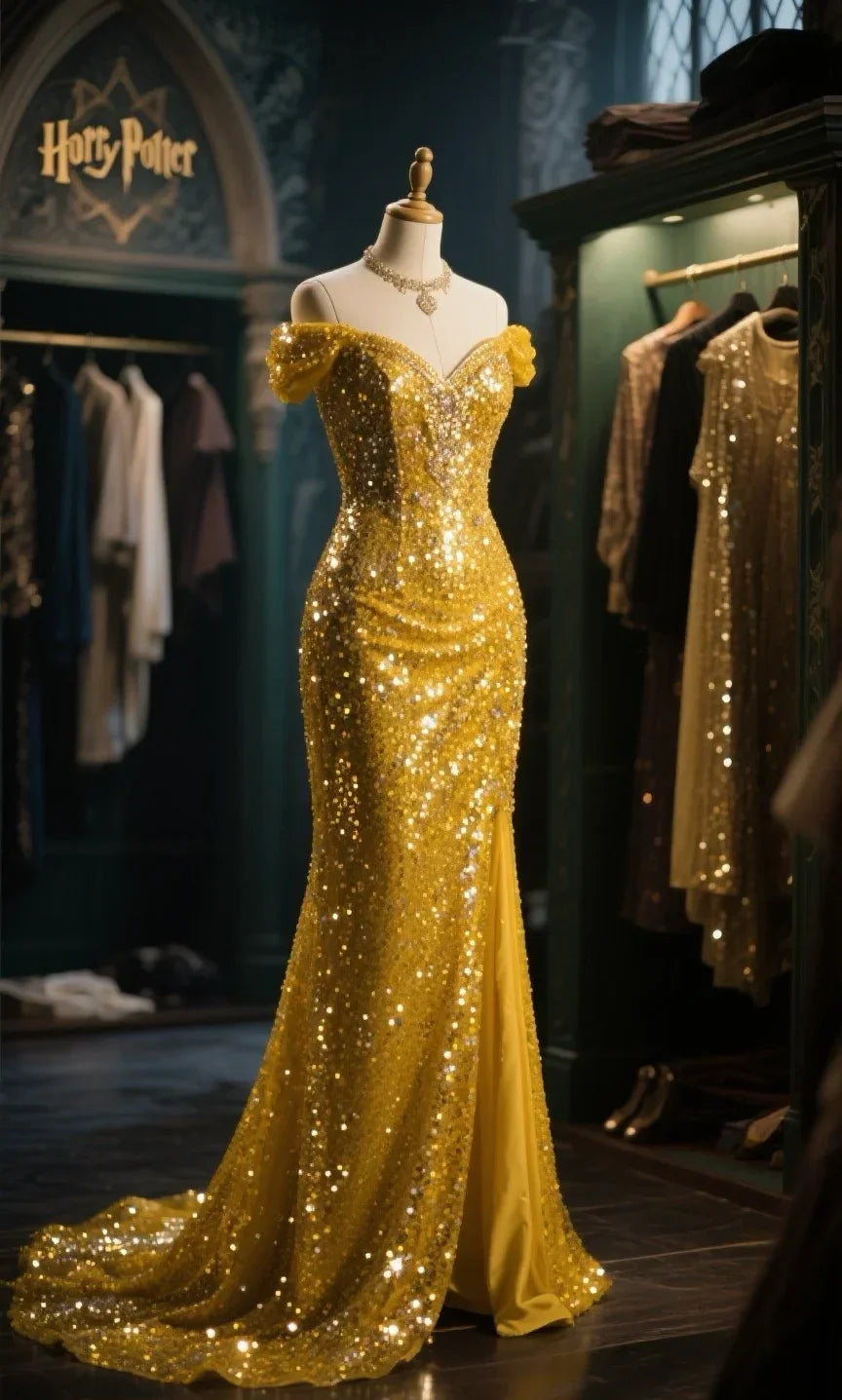 Sexy Yellow Mermaid Off The Shoulder Sequin Slit Long Prom Dress, Evening Dress