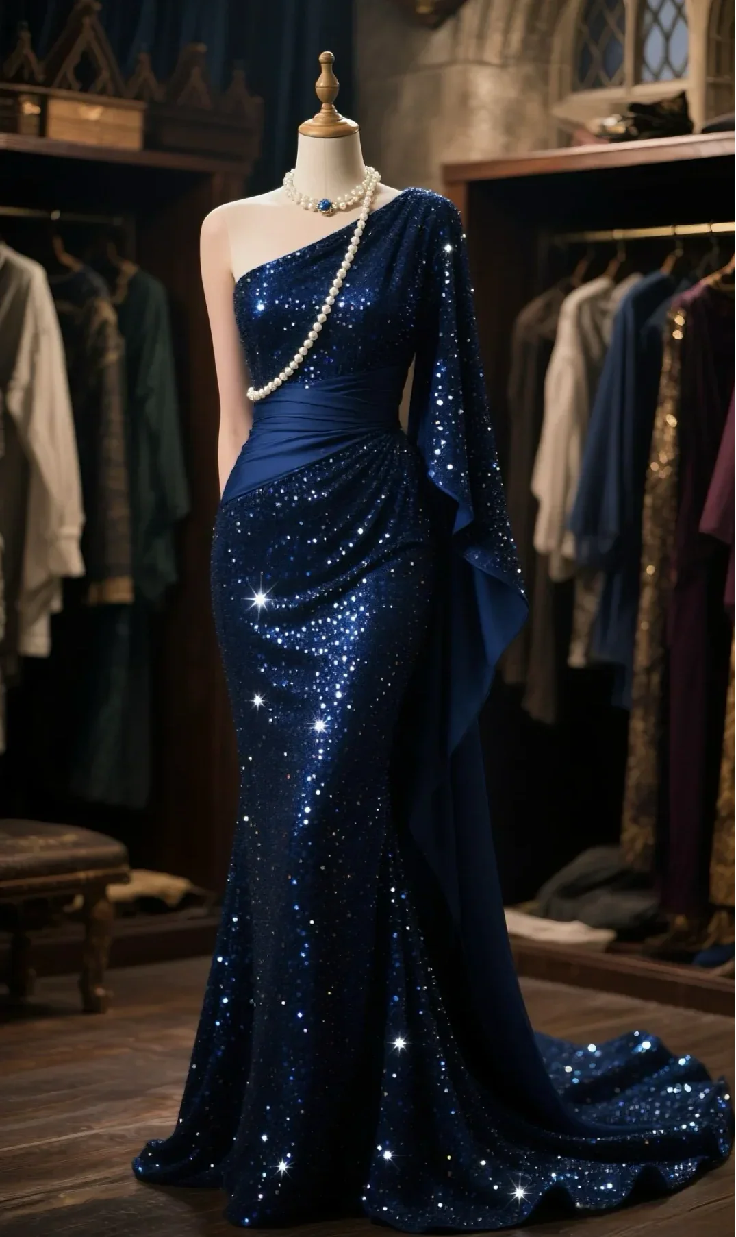 Mermaid Navy Satin Sequin One Shoulder Cape Long Prom Dress, Evening Dress