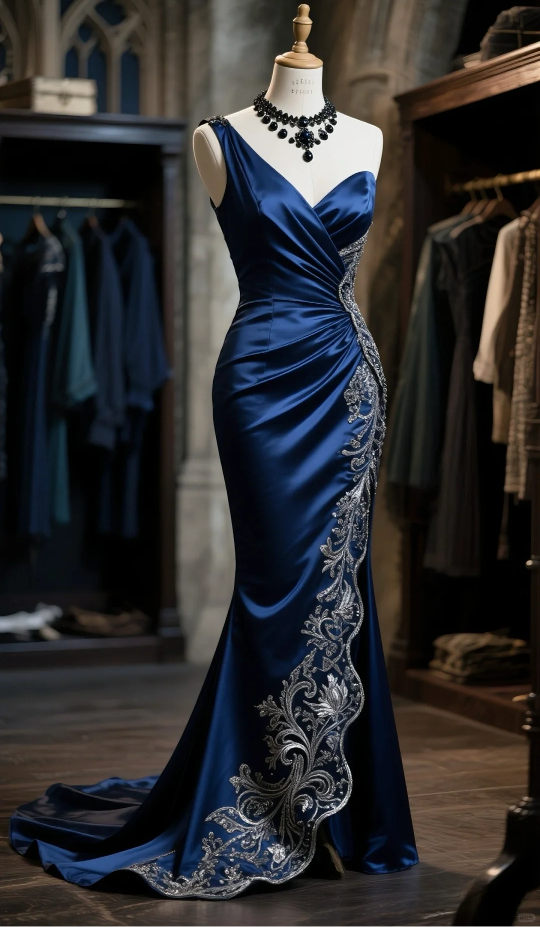 Classy Style Mermaid One Shoulder Navy Satin Ruffle Embroidered Hem Slit Long Prom Dress, Evening Dress