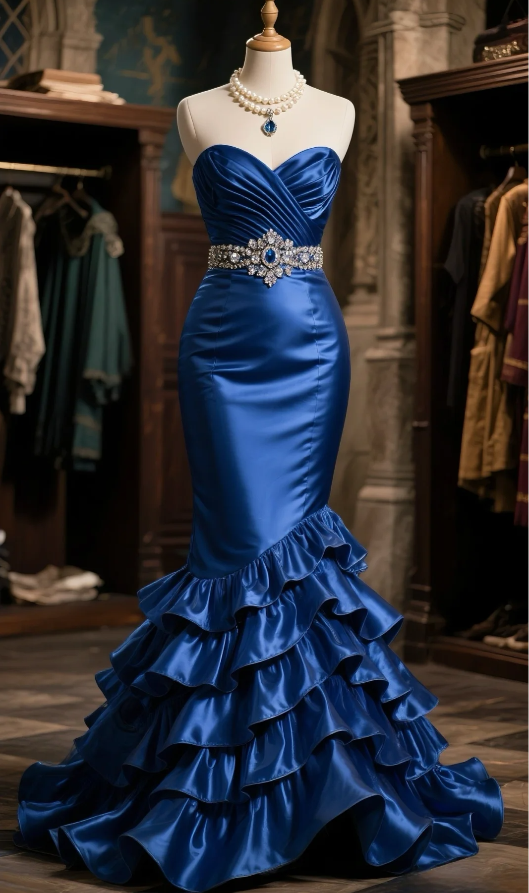 Charming Mermaid Sweetheart Satin Beaded With Tiered Ruffle Hem Long Prom Dress, Evening Dress