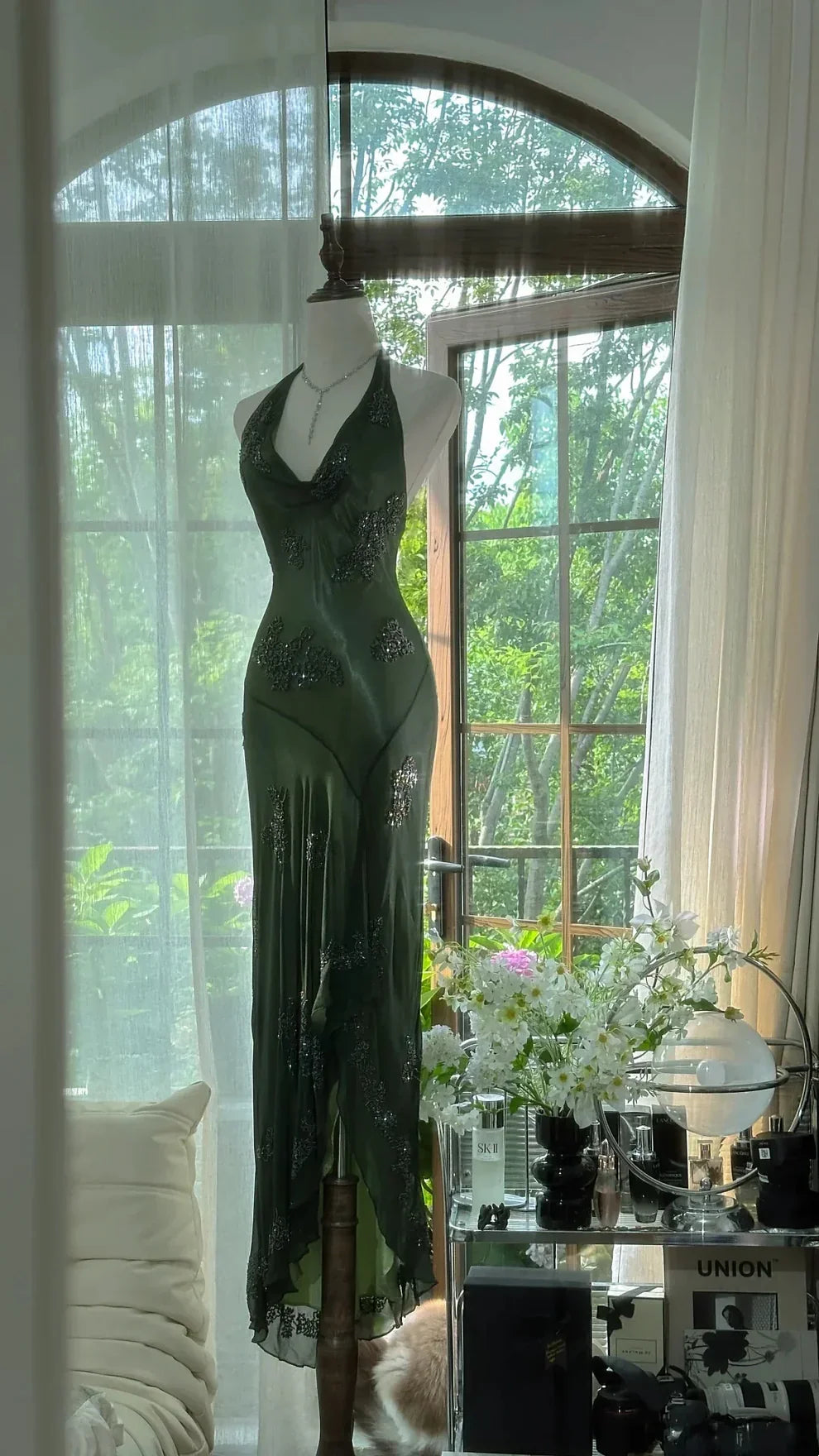 Sexy Mermaid Halter Dark Green Chiffon Sequin Long Prom Dress, Evening Dress