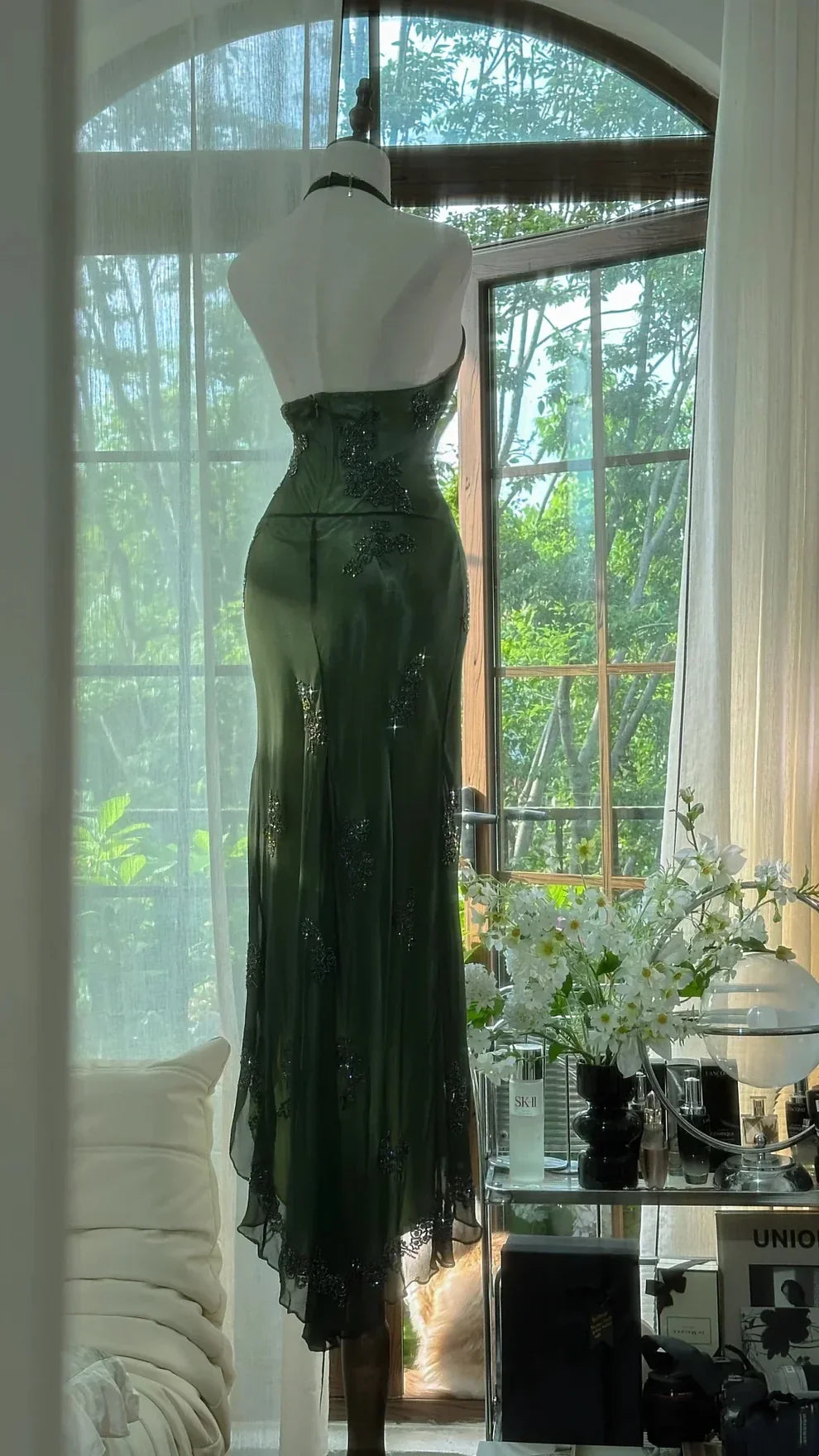Sexy Mermaid Halter Dark Green Chiffon Sequin Long Prom Dress, Evening Dress