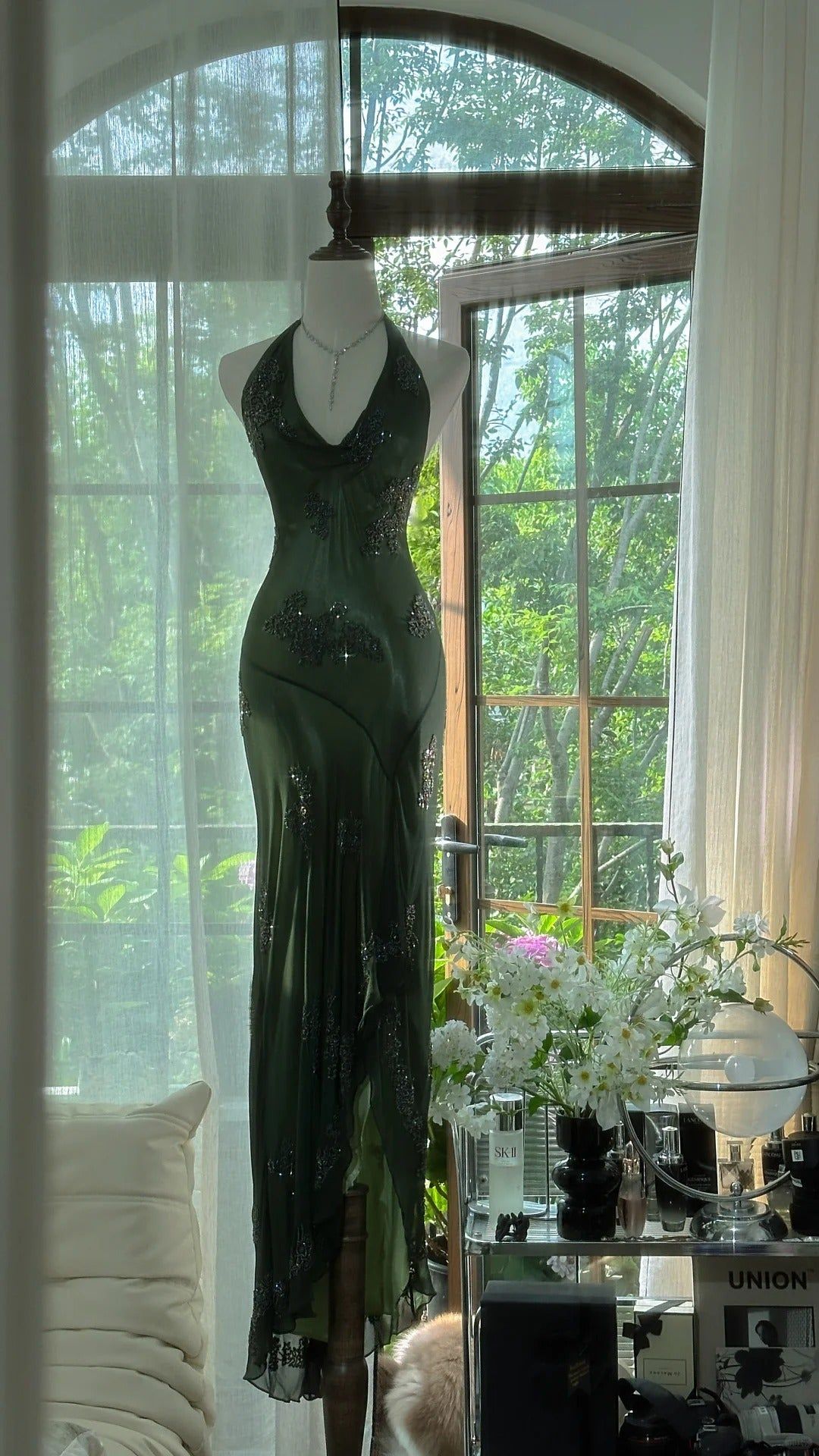 Sexy Mermaid Halter Dark Green Chiffon Sequin Long Prom Dress, Evening Dress