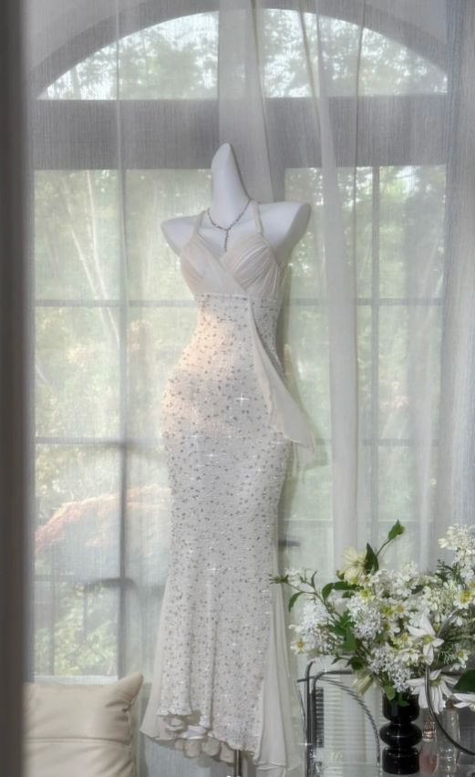 Modest Mermaid Halter Chiffon Sequin Backless Long Prom Dress, Evening Dress