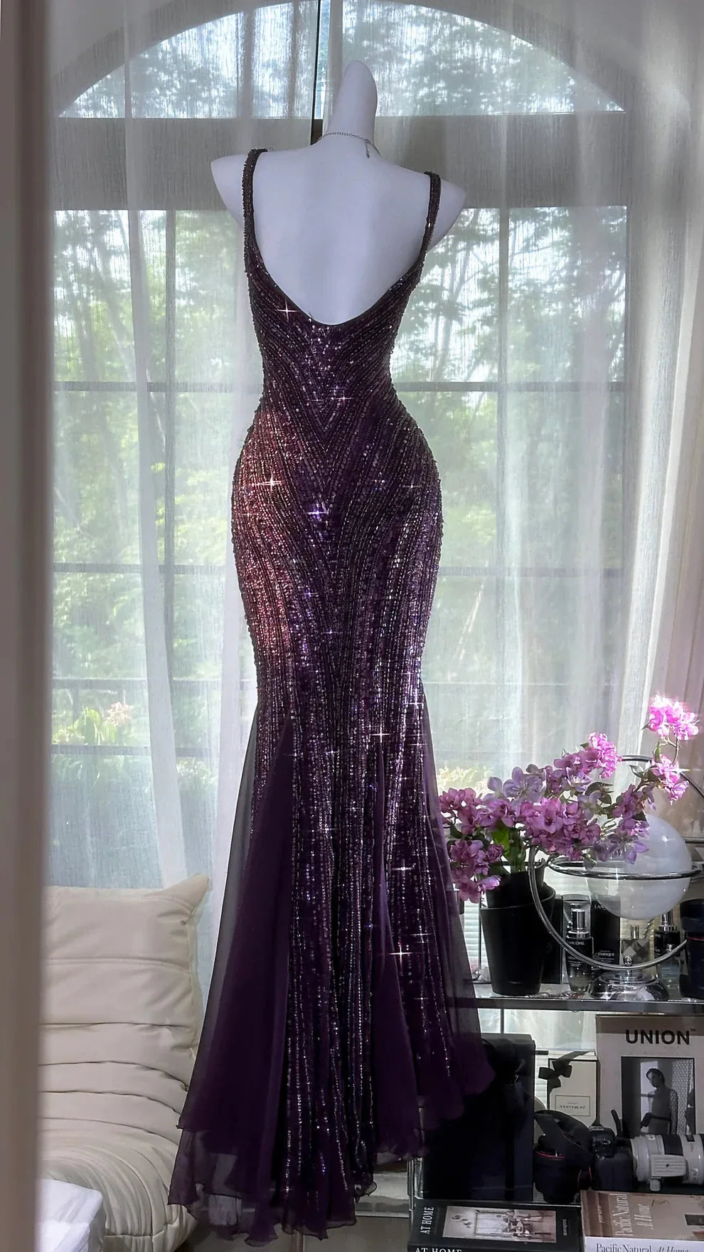 Grape Mermaid Spaghetti Straps Chiffon Sequin Long Prom Dress, Evening Dress