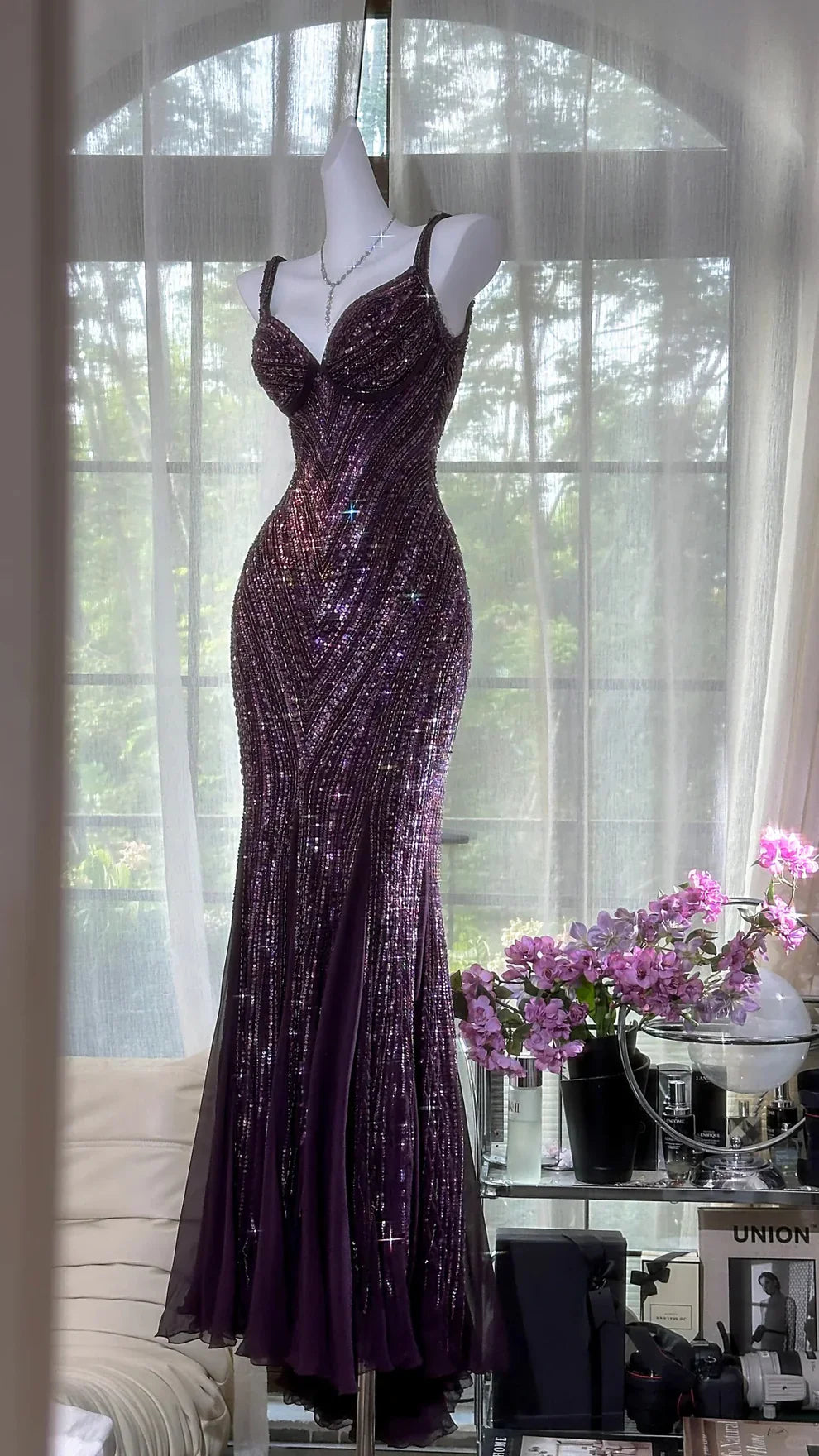 Grape Mermaid Spaghetti Straps Chiffon Sequin Long Prom Dress, Evening Dress