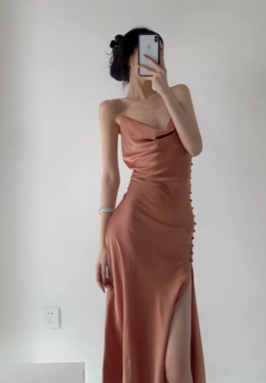 Sexy Mermaid Spaghetti Straps Satin Slit Long Prom Dress, Evening Dress