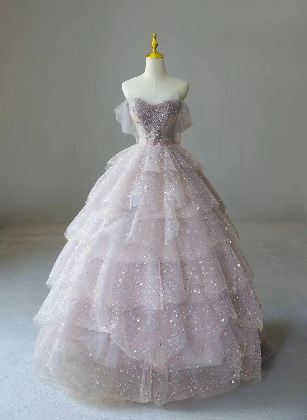 Pink Sweetheart Tulle Ball Gown Beaded Shiny Prom Dress Pink Sweet 16 Dress