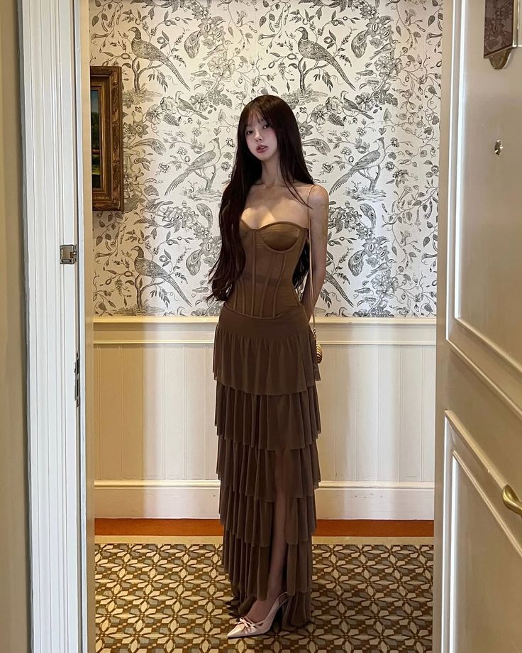 Pretty Brown A Line Sweetheart Chiffon Tiered Slit Long Prom Dress, Evening Dress
