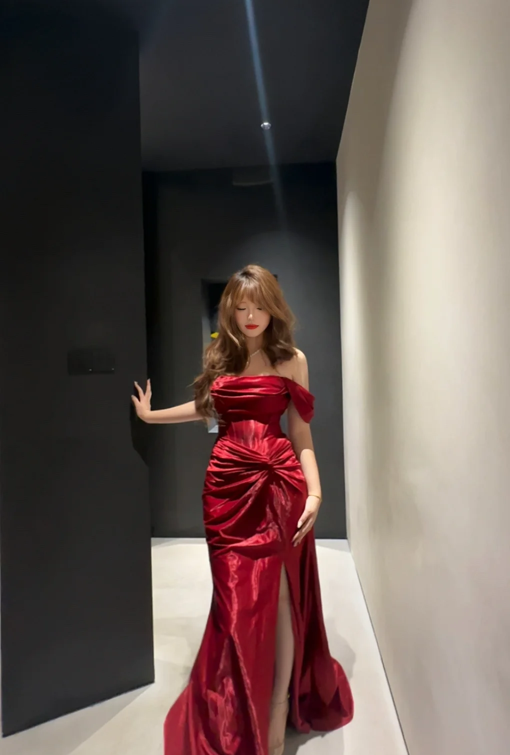 Elegant Pretty Mermaid Off The Shoulder Burgundy Satin Slit Long Prom Dress, Evening Dress