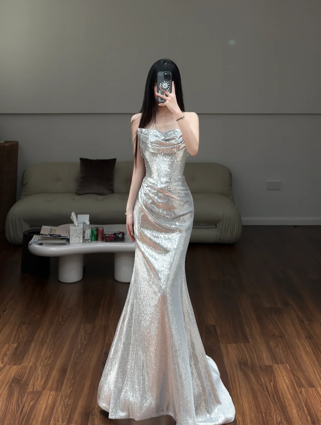 Shiny Silver Mermaid Strapless Satin Sequin Long Prom Dress, Evening Dress