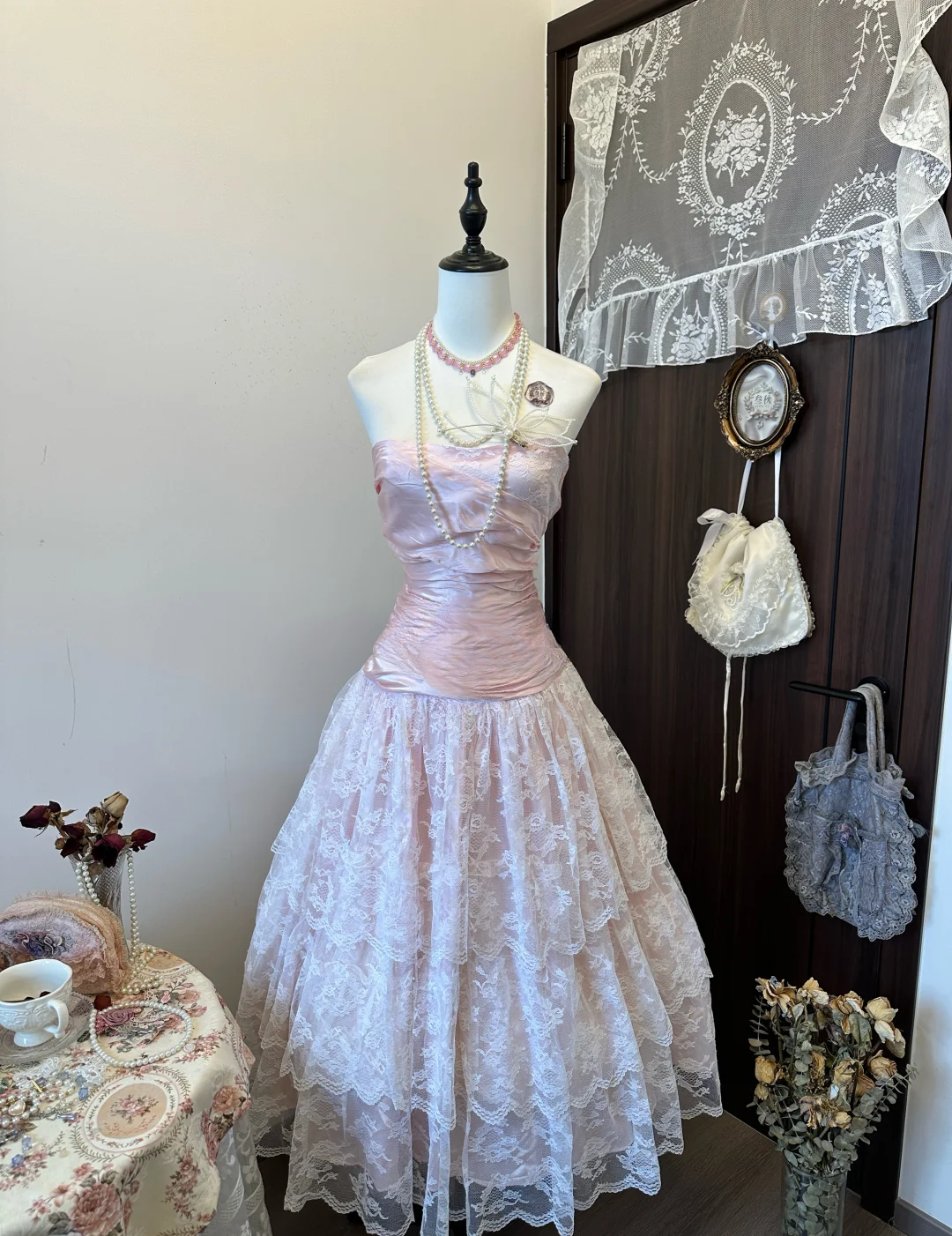 Sweet Ball Gown Strapless Light Pink Satin Lace Long Prom Dress, Evening Dress