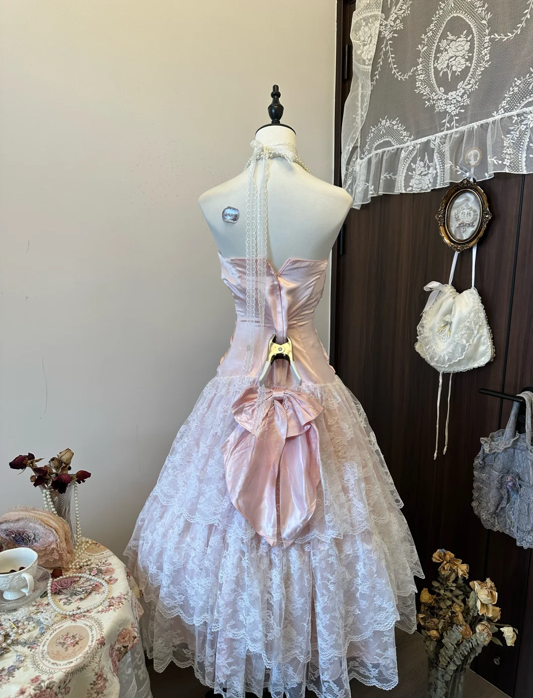 Sweet Ball Gown Strapless Light Pink Satin Lace Long Prom Dress, Evening Dress