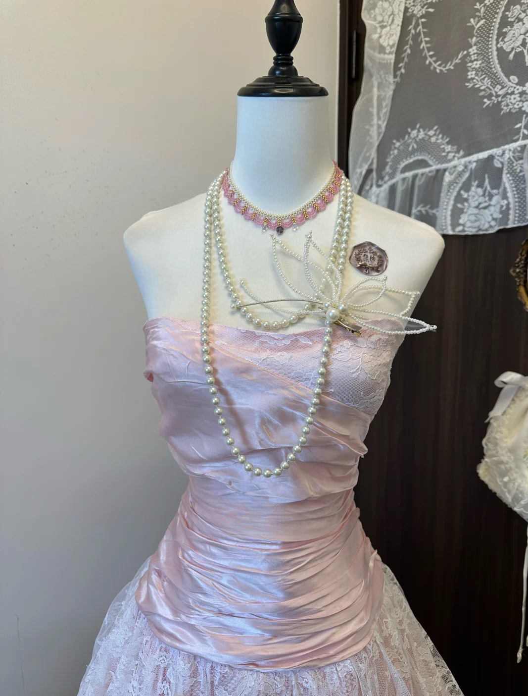 Sweet Ball Gown Strapless Light Pink Satin Lace Long Prom Dress, Evening Dress