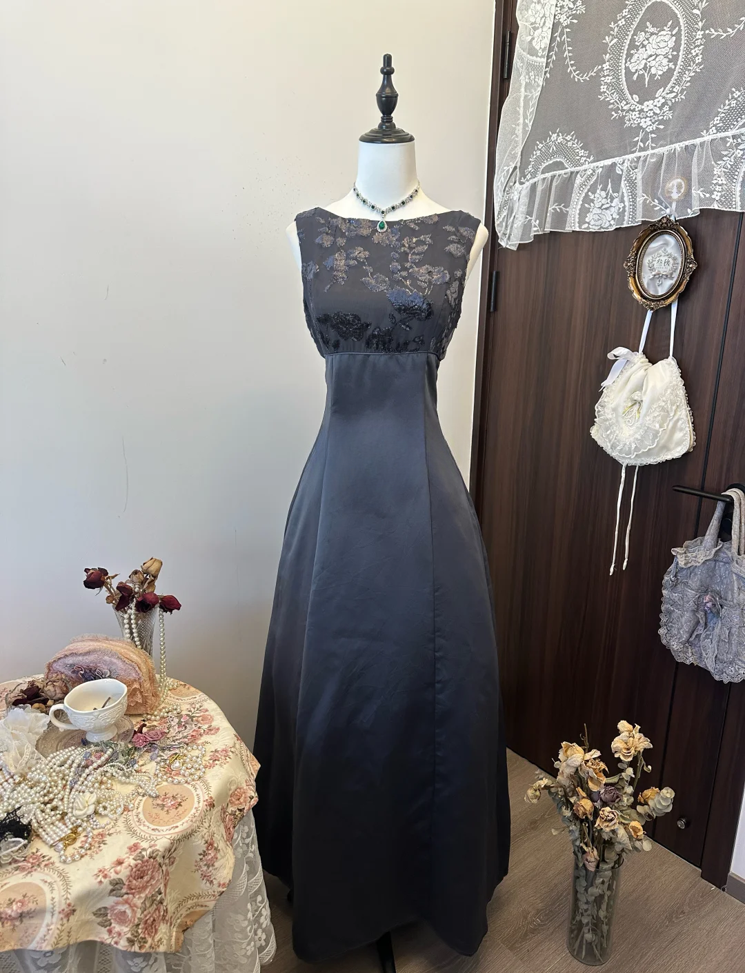 Unique A Line Satin Lace Long Prom Dress, Evening Dress