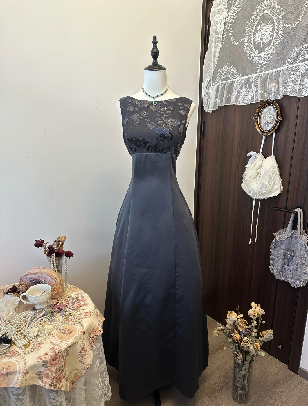 Unique A Line Satin Lace Long Prom Dress, Evening Dress