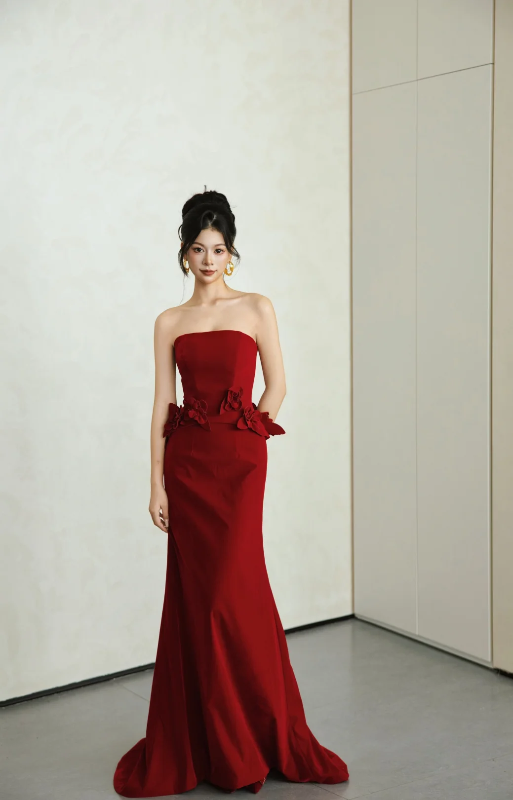 Modest Mermaid Burgundy Strapless Satin Long Prom Dress, Evening Dress
