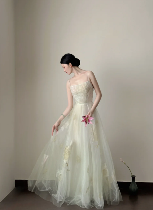 Pretty A Line Spaghetti Straps Tulle Long Prom Dress, Evening Dress