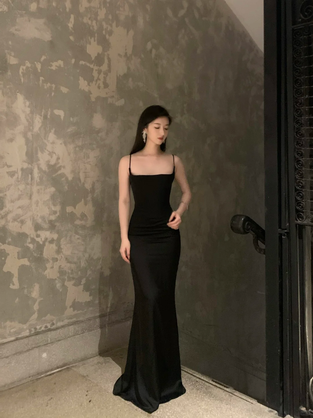 Sexy Mermaid Spaghetti Straps Black Satin Long Prom Dress, Evening Dress