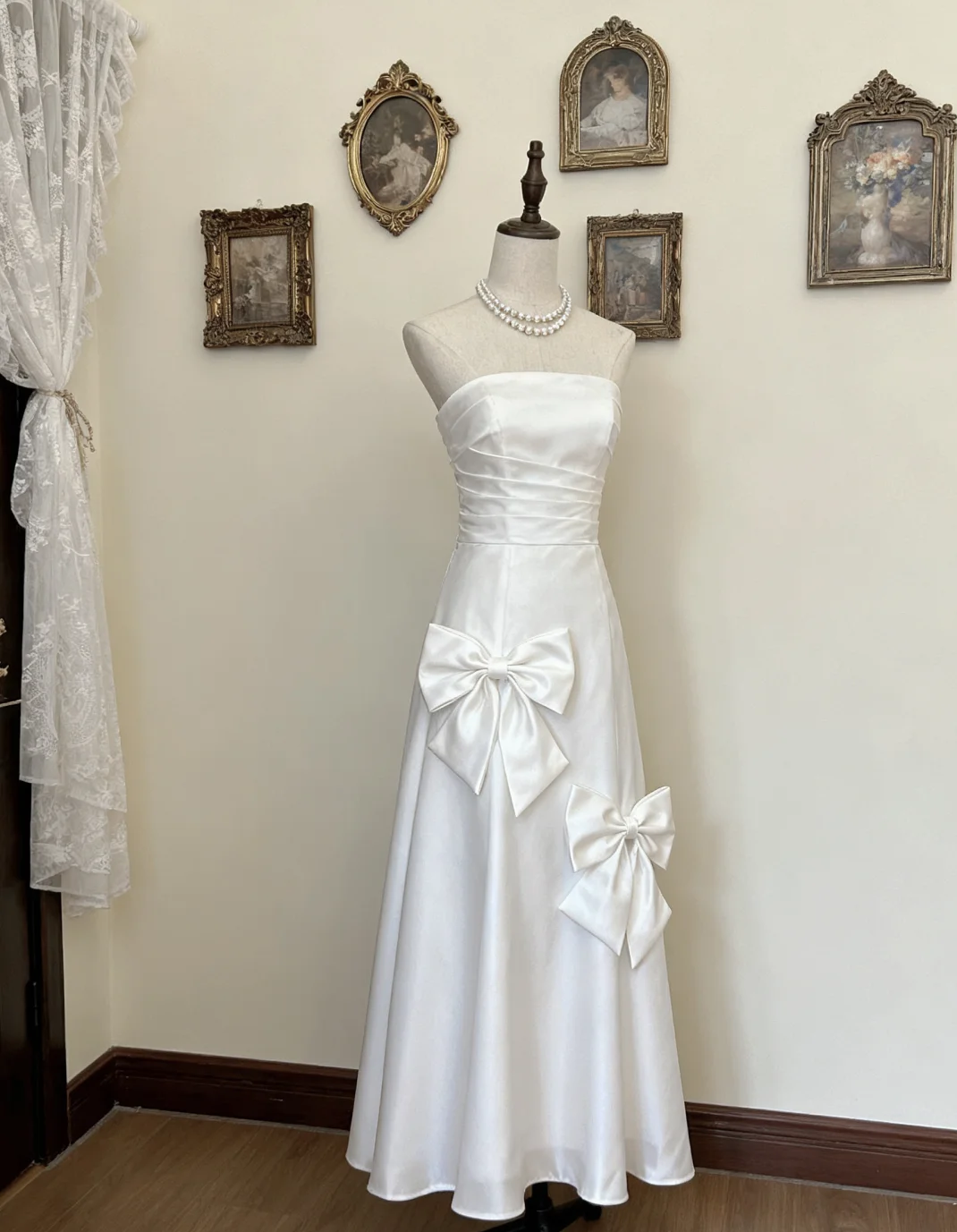 Pretty A Line Strapless White Satin Bow Long Prom Dress, Evening Dress